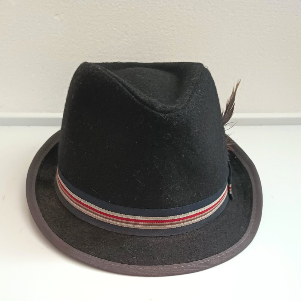 Stacy Adams Black Fedora Hat L Men's Wool Blend Feather Stripe Band Driving Hat